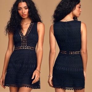 Lulu’s Take Me Dancing Navy Blue Crochet Lace Sleeveless Mini Dress